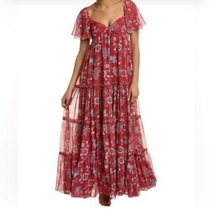 Sachin + Babi size 4 The Kara Red floral Ruched Tiered Maxi Dress